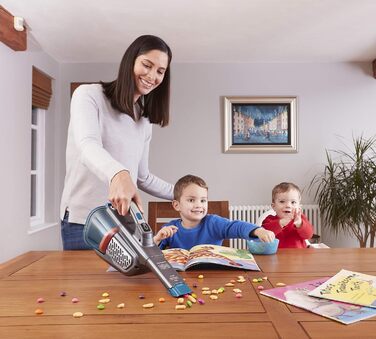 Акумуляторний ручний пилосос BLACK+DECKER Dustbuster Smart Tech 18 В, 36 Вт·год, циклонний, 2 режими, витяжна щілинна насадка, зарядна станція, настінне кріплення, титан/срібло/синій