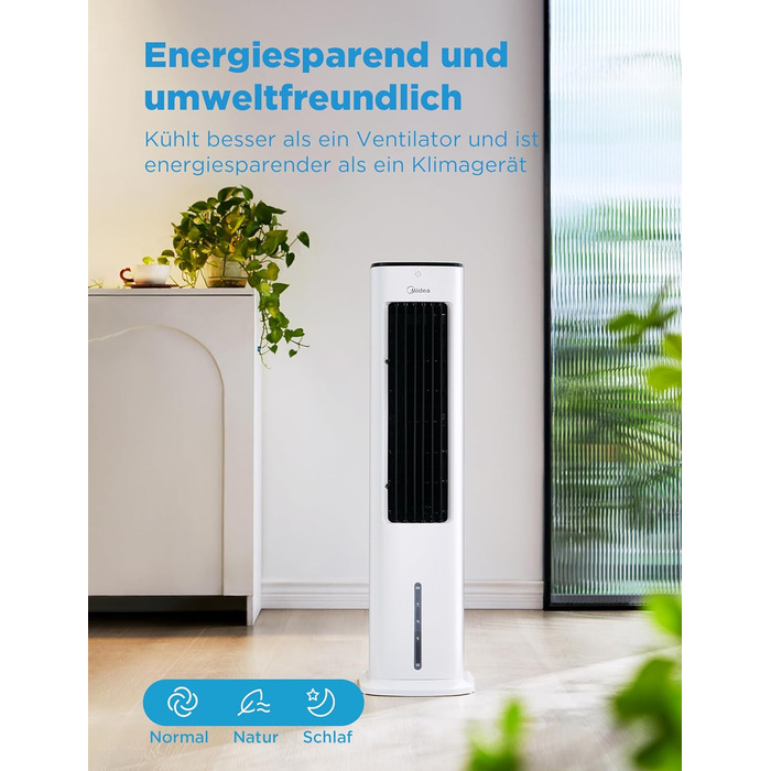 Мобільний кондиціонер Midea з водяним охолодженням, іонізацією та зволоженням, з резервуаром для води 5 л, 355 м³/год, без повітроводу, пульт, 55 Вт, білий