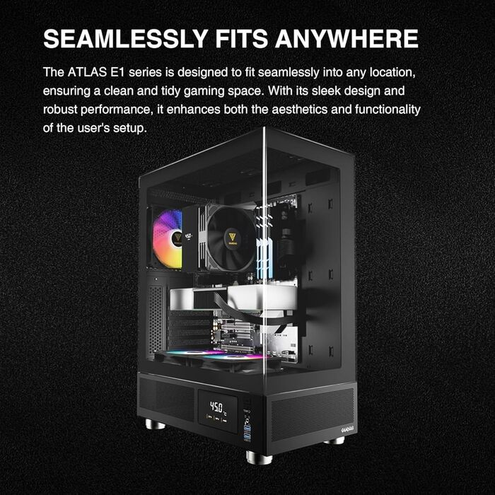 Корпус для ПК GAMDIAS Atlas E1 ATX Mid Tower з реальним монітором, 3 встановленими 120 мм ARGB вентиляторами, загартованим склом, високою вентиляцією, бічними отворами, чорний
