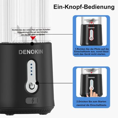 Портативний блендер DENOKIN для смузі та коктейлів, 450 мл, акумуляторний USB-C міні-міксер чорного кольору