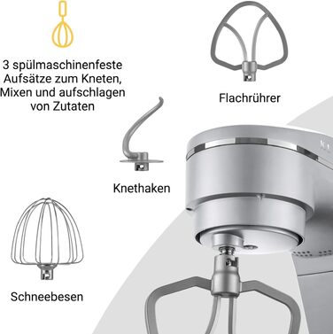 Кухонний комбайн KLAMER 1800W — планетарний міксер для тіста з чашею з нержавіючої сталі 6л, 10 швидкостей, таймером та набором насадок (гак, вінчик, міксер), сріблястий