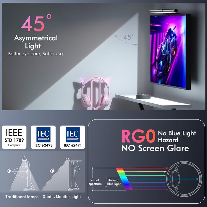 RGB-лампа для монітора Quntis 51 см з підсвічуванням, пультом ДК, 15 режимів, для геймінгу, офісу, USB