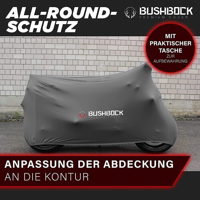 Преміум чохол для мотоцикла в приміщенні BUSHBOCK® — еластичний пилозахисний покривал з дихаючого оксамитового стрейч-тканини, сірий (розмір M-L)