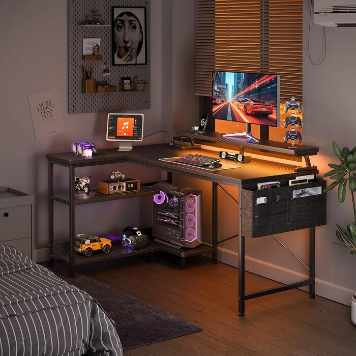Ігровий стіл Coleshome L-подібний з полицею, LED-підсвіткою та розеткою, кухонний стіл для геймерів з органайзером, реверсивний, вугільцю чорний, 120×80 см