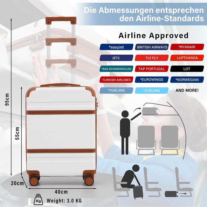 Жорсткий валізу COOLIFE 55x40x20 см для ручної поклажі EasyJet, легкий чемодан з TSA-замком і 4 подвійними колесами, чорний/коричневий