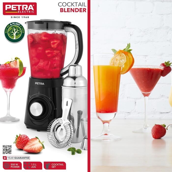 Набір для коктейлів Petra PT5619VDE — стаціонарний міксер з шейкером, аксесуари, 2 швидкості та імпульсний режим, лезо з нержавіючої сталі, блокування, для пуншів і смузі, 1,5 л, 500 Вт