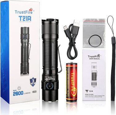 Ліхтарик TrustFire T21R LED 2600 люмен, акумулятор 5000мАг, 5 режимів, IPX8 водонепроникний, тактичний, для кемпінгу, туризму, надзвичайних ситуацій, коричневий