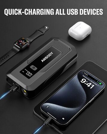 Бустерний пускач автомобіля 3000A Powerbank для авто 12V (до 10л бензин/8л дизель) з LED-ліхтарем та пусковими кабелями, сірий