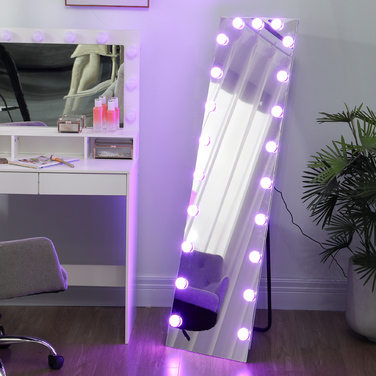 Дзеркало у повний зріст 150x40 см з RGB-підсвіткою LED, настінне/підлогове, з 21 лампочкою, 7 кольорів підсвітки, сенсорне керування, функція пам'яті.
