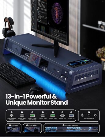 Підставка для двох моніторів VAYDEER з USB-хабом, підставкою для телефону, шухлядою та органайзером для кабелів, 4 режими LED-підсвічування, біла, витримує до 50 кг