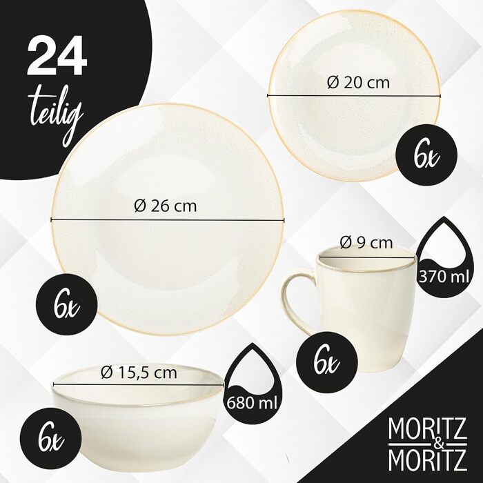 Набір посуду Moritz & Moritz SENSE на 6 осіб, 24 предмети, бежевий, стильний сервіз із кам'яної кераміки, стійкий до подряпин, підходить для мікрохвильовки та посудомийної машини