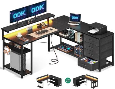 Кутовий комп'ютерний стіл ODK з ящиками, LED-підсвіткою, USB і розетками для геймінгу та домашнього офісу, чорний, 135×110 см