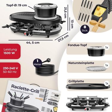 Расетіль KESSER 3-в-1 з натуральним гриль-каменем, гриль-пластиною та фондю для 8 осіб. Електричний гриль расетіль з антипригарним покриттям, 8 сковородок та дерев'яними лопатками.