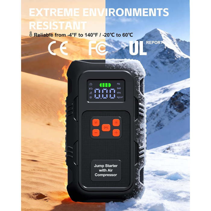Пусковий інвертор Povasee 6000A з компресором 150 PSI та Powerbank, бустер для авто 12V з електричним насосом та ліхтариком (Помаранчевий/Чорний)