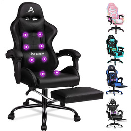 Ігровий крісло ALFORDSON Gamer з регульованою підніжкою, 8 точками масажу, нахилом 150°, PU-шкіра, чорний, Eryx Series, до 180 кг