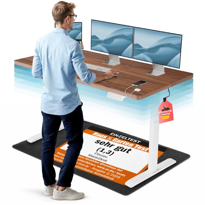 Електричний стіл CleverDesk для роботи 160x80 см, регульована висота, 2 USB, білий каркас, дерев'яна стільниця