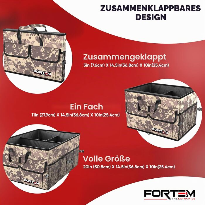 Органайзер у багажник автомобіля FORTEM (85л) — складана сумка-органайзер з відділеннями, протиковзаючим дном та ременями фіксації, колір: пустельний камуфляж, розмір L