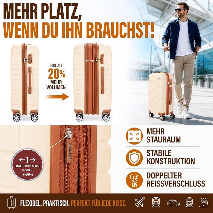 Набір валіз BRUBAKER Paris (3 шт) — Жорсткий дорожній набір з ручною поклажею, кодовий замок, 4 колеса (M, L, XL), Кремово-білий та світло-коричневий