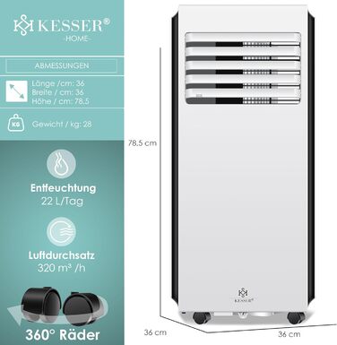 Мобільний кондиціонер KESSER 4-в-1: охолодження, осушення, вентиляція, 9000 BTU/год, пульт, таймер, нічний режим, білий