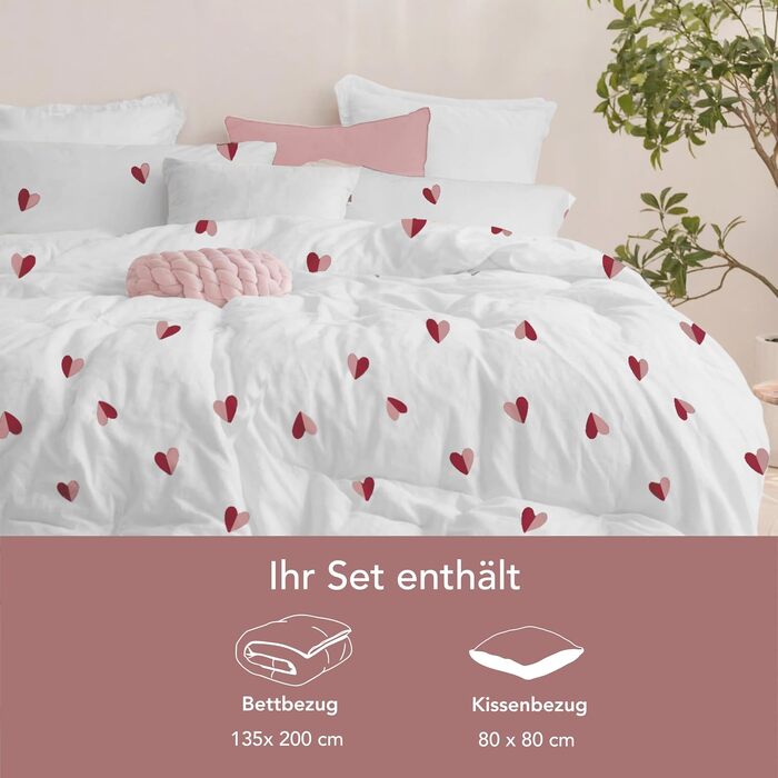 Комплект постільної білизни Dreamzie 4 предмети, 135x200 см, мікрофібра, з 2 наволочками 80x80 см, принт з рожево-червоними серцями, сертифікат Oeko-Tex
