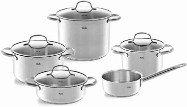 Набір каструль Fissler San Francisco з нержавіючої сталі, 5 предметів, для індукційних плит, зі скляними кришками (3 каструлі, 1 сотейник, 1 каструля з ручкою)