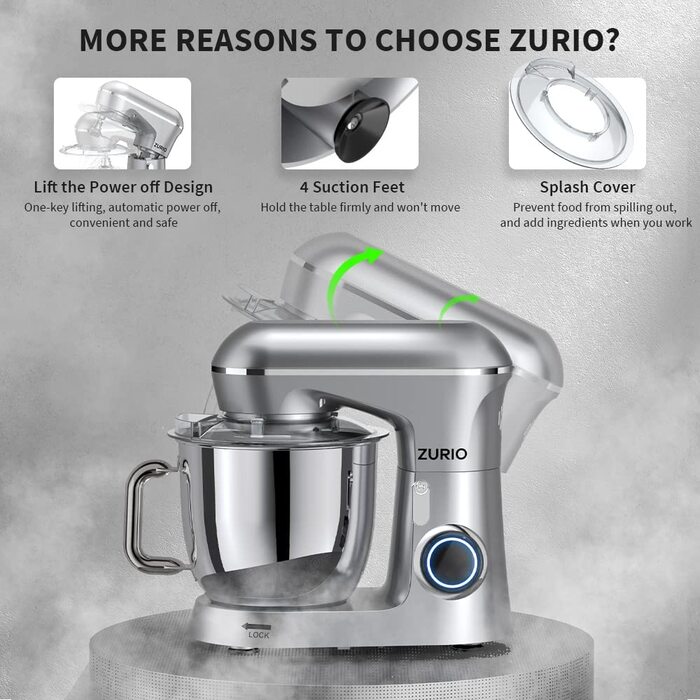 Кухонна машина Zurio 5.5L: міксер, планетарний міксер, 1300W, 10 швидкостей, з набором аксесуарів (крюк, вінчик, міксер)