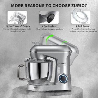 Кухонна машина Zurio 5.5L: міксер, планетарний міксер, 1300W, 10 швидкостей, з набором аксесуарів (крюк, вінчик, міксер)
