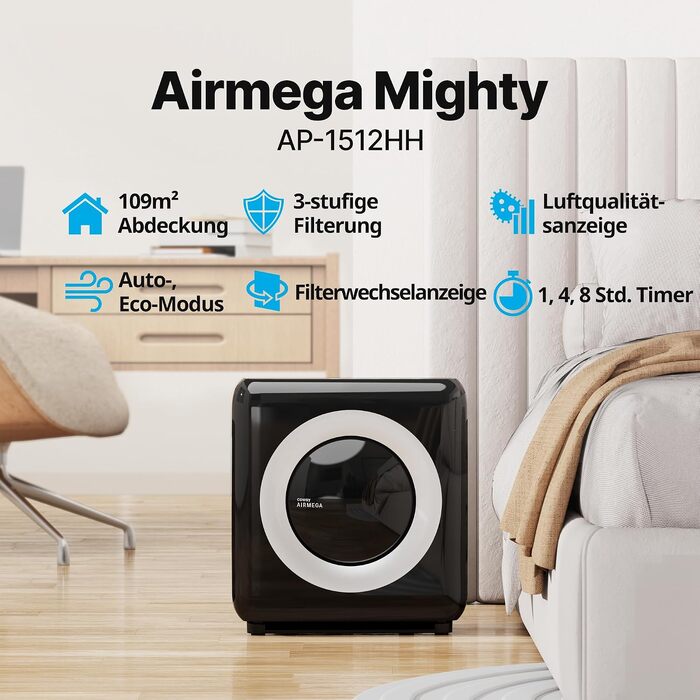 Очищувач повітря Coway Mighty AP-1512HH з HEPA-фільтром для дому та алергіків, білий (CADR 421 м³/год, від пилу, шерсті тварин та пилку)