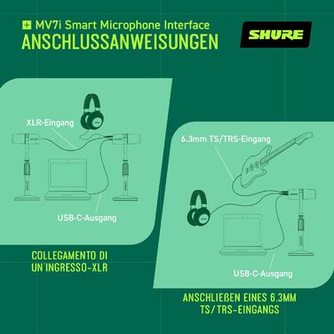 Мікрофон Shure MV7i Smart Podcast з вбудованим аудіоінтерфейсом, комплект для подкастингу, 2-канальний, Dual-XLR для мікрофонів або інструментів, USB-C підключення до ПК/телефону