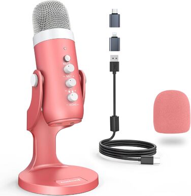 Zealsound USB мікрофон K66 для ігор, запису, стрімінгу, ASMR, подкастів, TikTok, YouTube, Twitch, з шумозаглушенням, моніторингом та кнопкою вимкнення звуку, для iPhone, смартфонів, ПК, PS4/5, рожевий