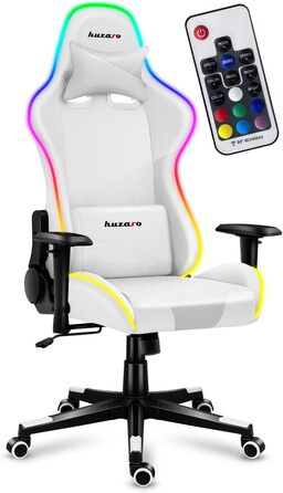 Ігрове крісло Huzaro Force 6.2 Біле з RGB LED підсвіткою, екошкіра, тканина, карбон, ергономічне, регульована висота, підголівник, поперекова підтримка, навантаження до 130 кг, офісне крісло