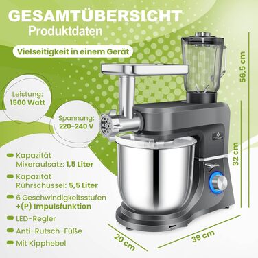 Кухонна машина KESSER 3в1 з м'ясорубкою та блендером, планетарний міксер 1500Вт, чаша 5.5л, 6 швидкостей, антрацит