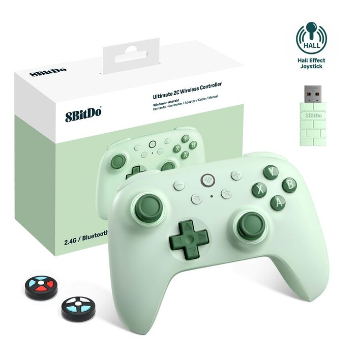 8BitDo Ultimate 2C: Бездротовий контролер для ПК Windows та Android, 1000 Гц, Hall-ефект, Turbofunktion (Зелений)