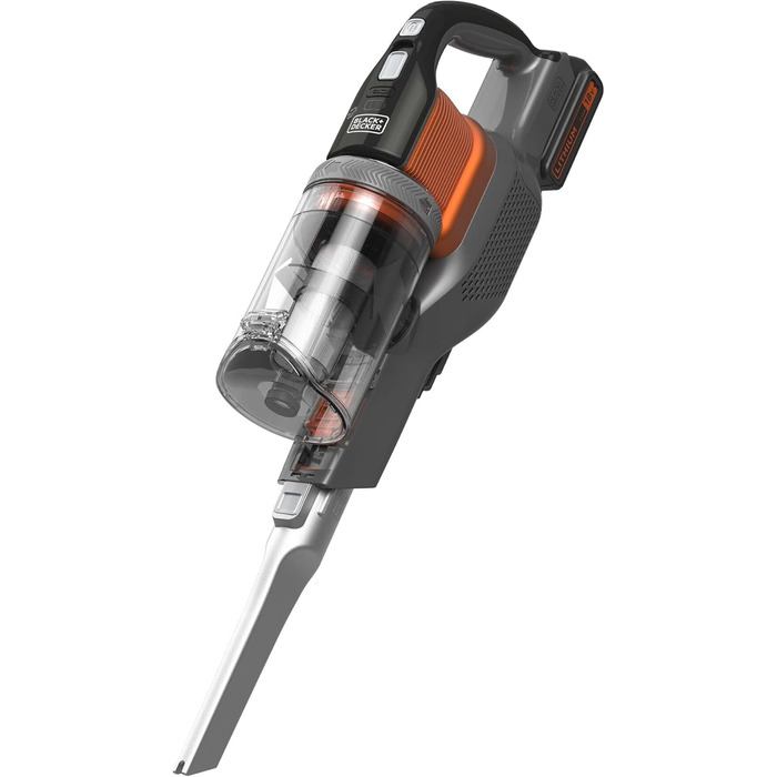 Акумуляторний пилосос BLACK+DECKER 4в1 18В 2.0Аг, безмішковий, для підлоги та ручний, з електрощіткою, бездротовий, комплект з насадкою для щілин, акумулятором, зарядним пристроєм і настінним кріпленням, Titanium/Orange