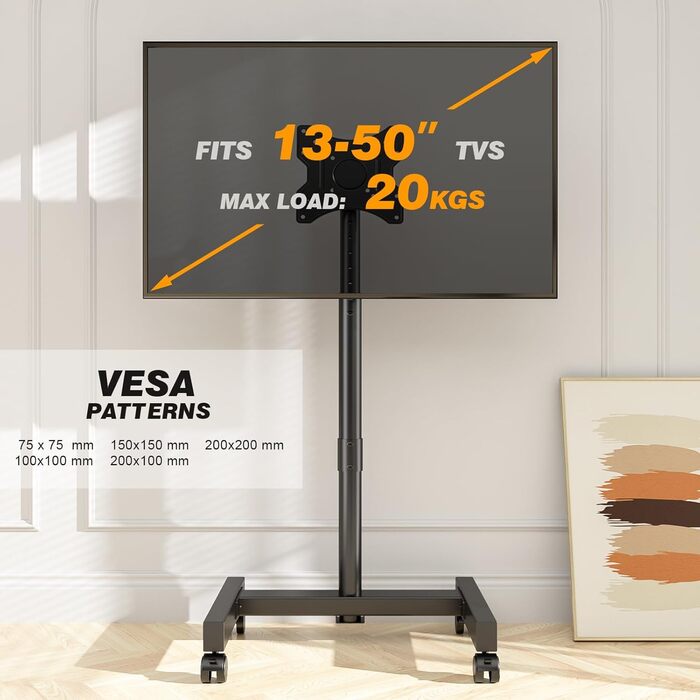 Мобільна підставка для телевізора TVON 13-50 дюймів на колесах, VESA 200x200 мм, до 20 кг, регульована висота