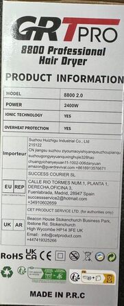 Професійний іонний фен для волосся 2400W з AC-мотором, дифузором і 2 насадками, для салону, подорожей і дому, чорний