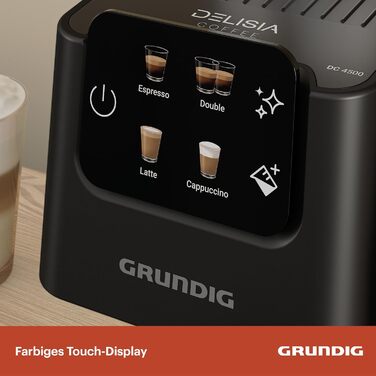 Еспресо-кавоварка GRUNDIG KSM 5330 з молочним контейнером, 1628 Вт, 15 бар, двійна насадка, сенсорний дисплей, BrewSense, CreamyPro, нержавіюча сталь/чорна