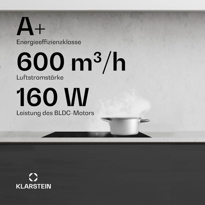 Індукційна варильна панель з витяжкою Klarstein AirJet 60, 60 см, потужність 600 м³/год, Flex-зони, Boost 10000 Вт, сенсорне керування, клас A+, нержавіюча сталь та скло, чорний
