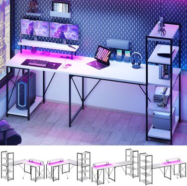 Ігровий стіл Devoko L-подібний з LED підсвічуванням, USB-зарядкою, розеткою, полицею та підставкою під монітор, 140×140 см, білий