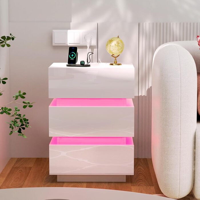 Нічний столик з розеткою та LED, нічний комод з функцією зарядки та USB, 2 висувні ящики (45x35x46/62 см, білий, набір 2 шт.)