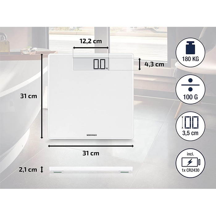 Електронні ваги Soehnle Style Sense Safe 100 для людей, велика LCD, антиковзкі ніжки, плоска вага, біла