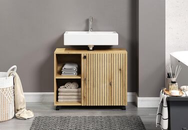 Тумба під умивальник на колесахх PureBliss від trendteam smart living, дуб Evoke, з рифленим фасадом, 2 відкриті полиці та 1 вставка, 80x64x42 см, стійка до подряпин