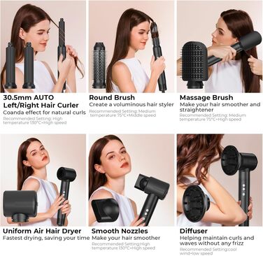 UKLISS Airstyler Pro 7 в 1: Фен-щітка з дифузором, 1400 Вт, професійний стайлер для сушіння, завивки та випрямлення волосся, чорно-золотий