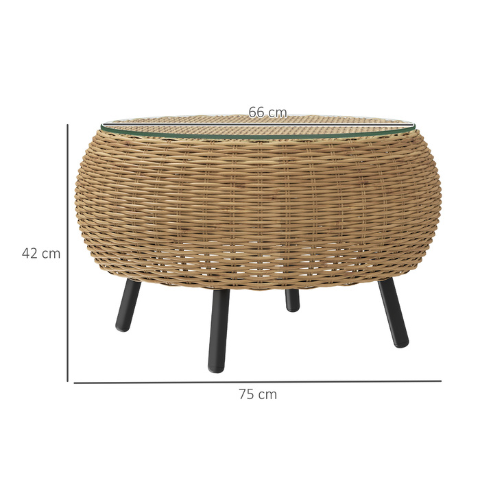 Outsunny Poly Rattan Бічний столик Круглий журнальний столик Журнальний столик зі скляною стільницею Балконний стіл Садовий стіл Диванний стіл Чайний столик Ротанговий стіл для саду Патіо Балкон, Ø75 x 42 см Коричневий