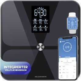 HELDENWERK Смарт-вага для аналізу складу тіла, Bluetooth, з додатком, до 180 кг, повний сенсор, цифрова, визначає жир, ІМТ, м’язову масу, білок, BMR, темно-синя (дизайн Harmony)