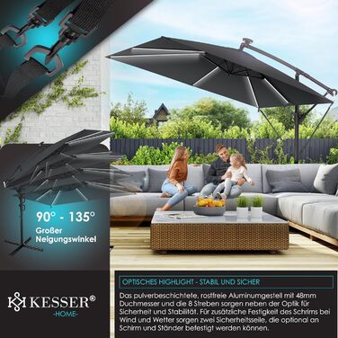 Сонячна прямокутна парасоля KESSER Holly з LED-підсвіткою, алюмінієва, з чохлом та вітрозахистом, антрацит, 350 см, водостійка, для саду, з ручкою-кривошипом, UV-захист