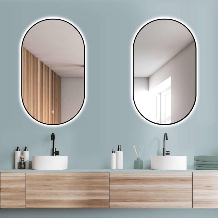 Дзеркало для ванної кімнати LED HOKO Design Turin овальне 45x75 см, чорний матовий каркас, сенсорне керування, зміна кольору світла (тепле/холодне/нейтральне)