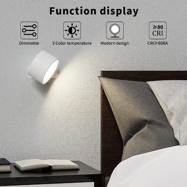 Aourow LED настінний світильник на батареї, акумуляторний, з USB-зарядкою, сенсорним керуванням, 3 режимами світла і яскравості, бездротова лампа для читання в спальні, білий
