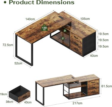 Кутовий письмовий стіл JUMMICO з шухлядами, 140x105x75 см, коричневий, з USB та розетками