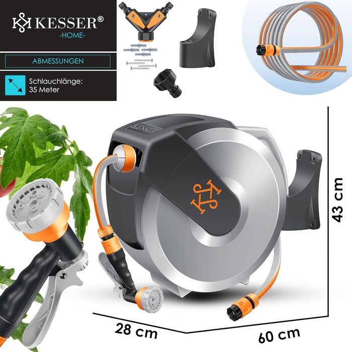 Шланг для поливу KESSER® настінний з автоматичною намоткою 35м, сірий. Настінний тримач, поворот 180°, 7 функцій розпилення